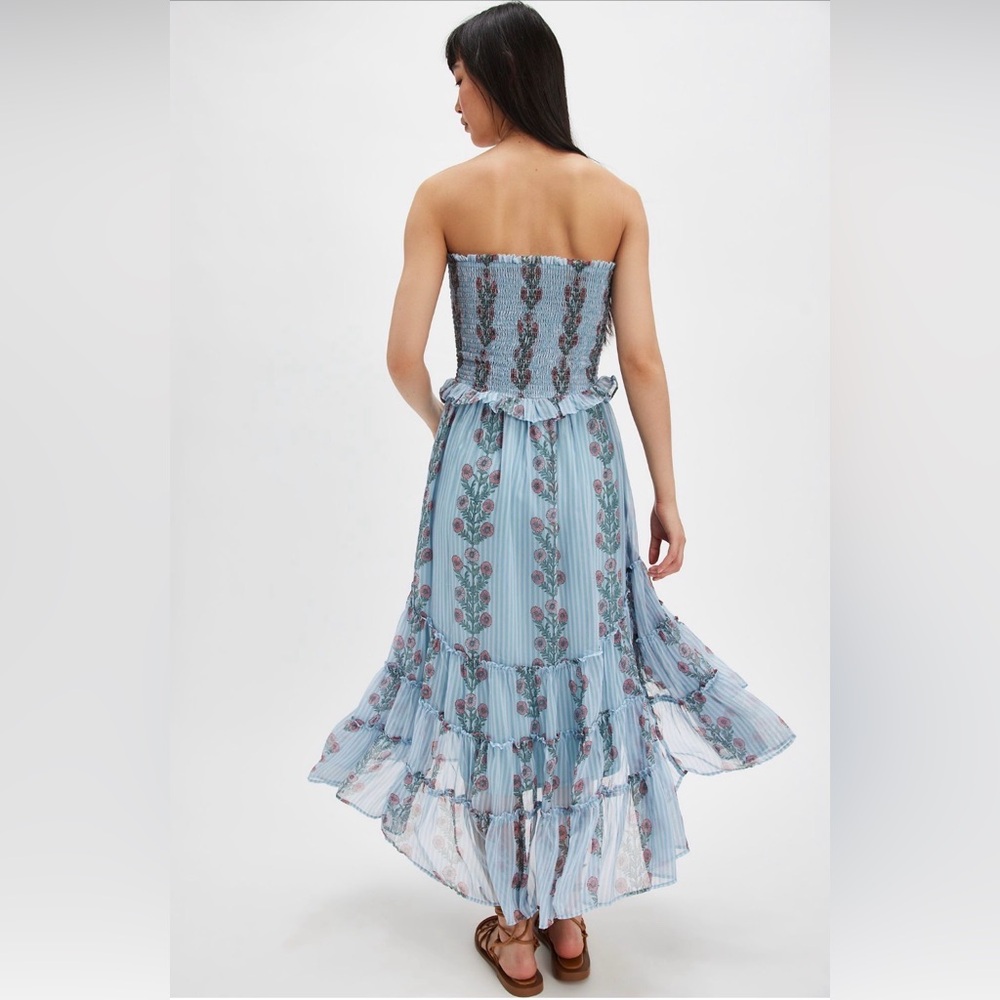 FREE PEOPLE Alejandra Midi Dress Soft Blue Combo Floral Drop waist tiered M - Picture 4 of 16